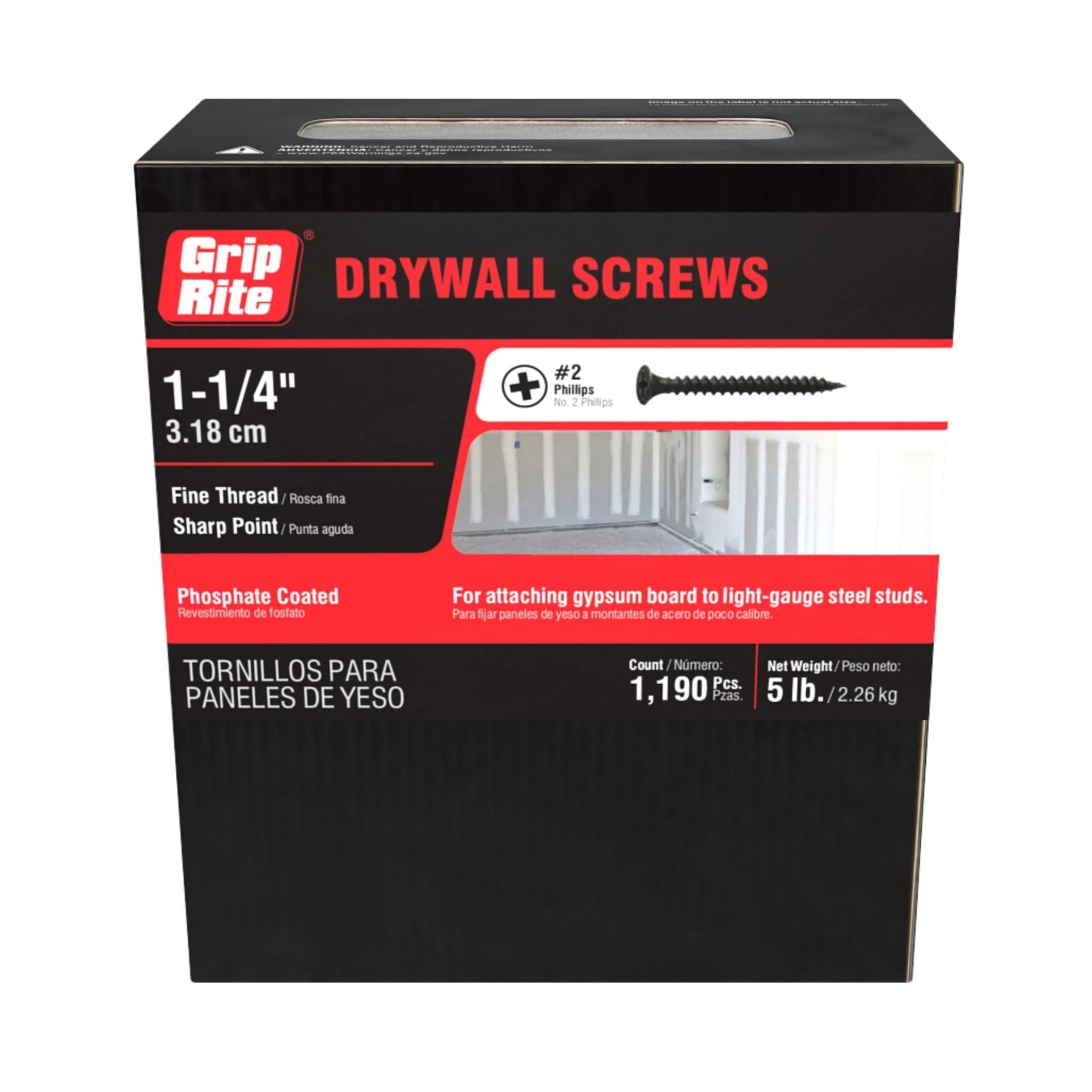 The GRIP-RITE 114DWS5 features #6 x 1-1/4 in. #2 Phillips bugle head fine thread drywall screws with a black phosphate coating for attaching gypsum board to light-gauge steel studs, comes in a 5 lb. box containing approximately 1,190 screws by Grip-Rite.